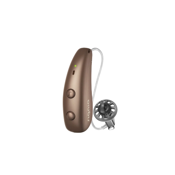 Signia Pure Charge&Go MaX hearing aid in Chestnut Brown.