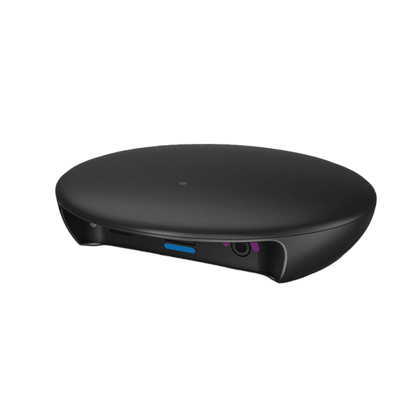 A sleek, black oval-shaped electronic device with a matte finish, featuring a blue port and a small purple camera lens on its side, shown against a plain white background.