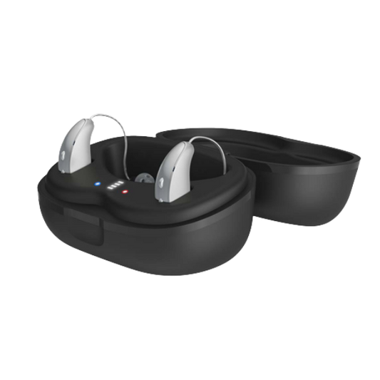 Black charging case with two white hearing aids on a white background