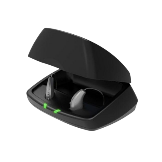 Black hearing aid case with open lid on a white background