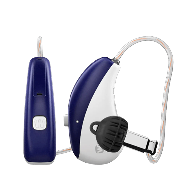 Widex Moment Sheet RIC hearing aid in deep blue and white