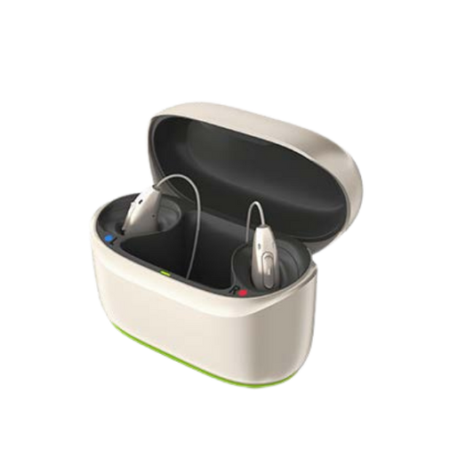 Open hearing aid case with two hearing aids inside on a white background
