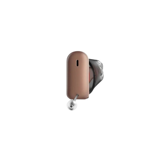 Brown hearing aid on a white background