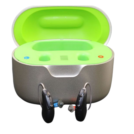 Green and gray electronic device with earbuds on a white background