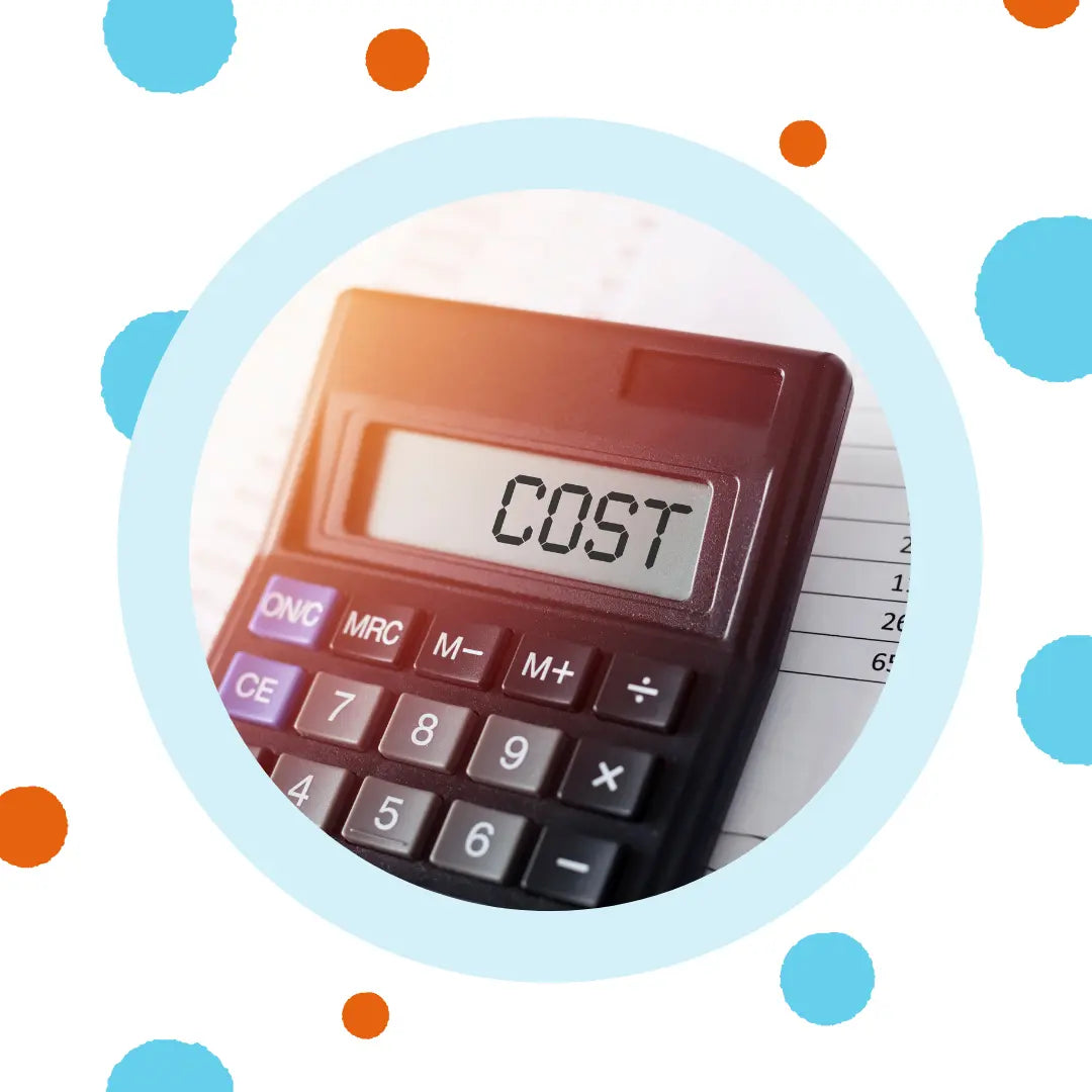 A calculator has the word "cost" on the screen.
