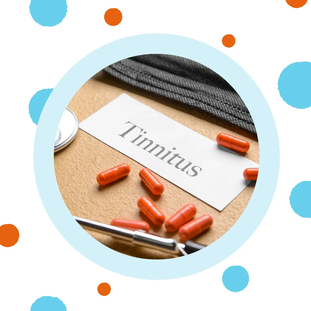 A paper saying, "Tinnitus" sits next to supplements.