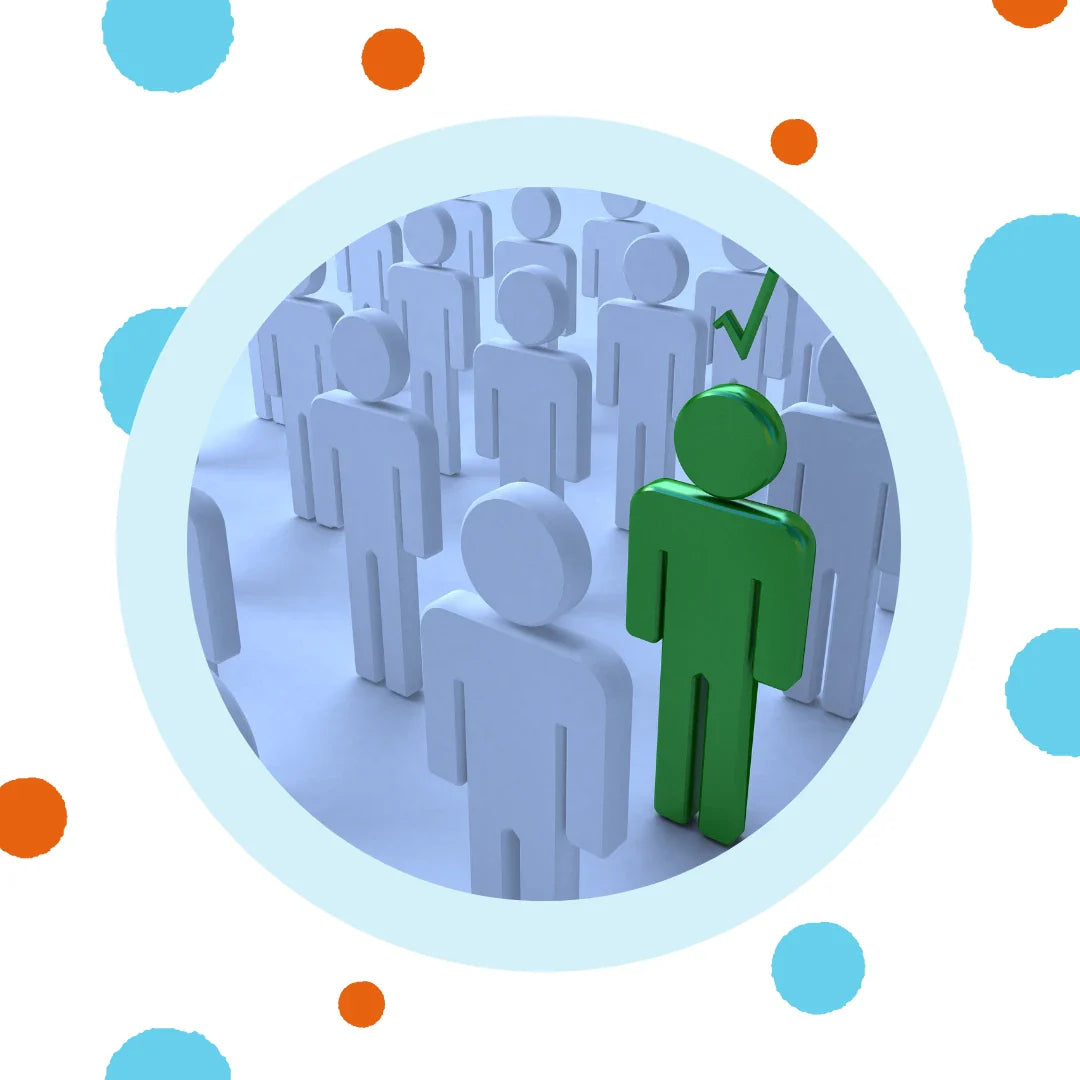 White stick people surround a green stick person with a check mark.