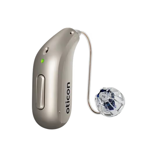 An Oticon Reveal hearing aid stands on a white background. 