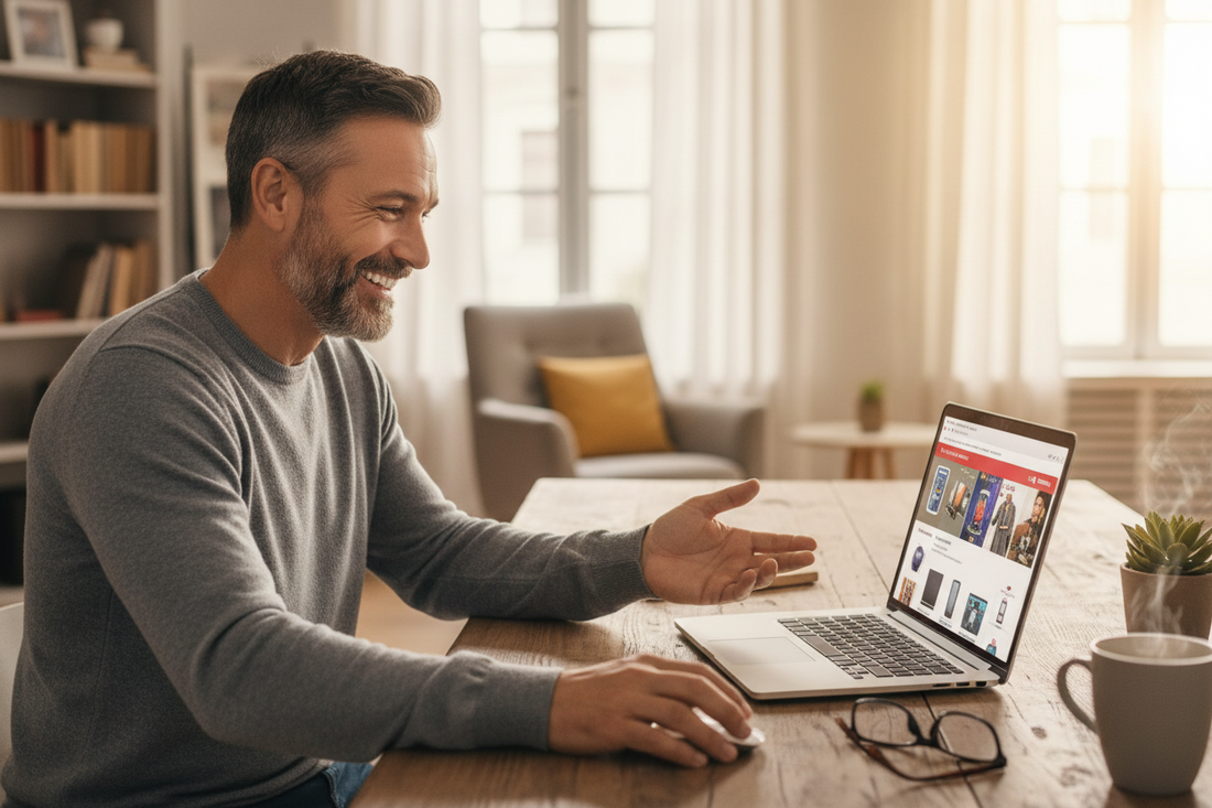 A man smiles while lookng at his laptop.