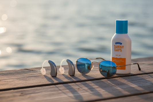 Hearing aids resting beside summer essentials on a dock