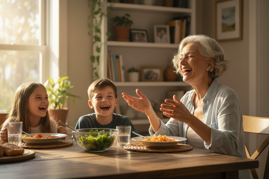 Older adult wearing hearing aids and following a conversation at a family dinner