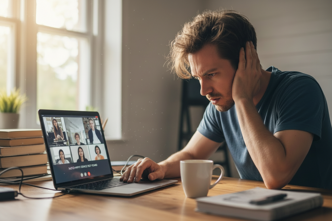 A man looks upset while looking at his laptop. 