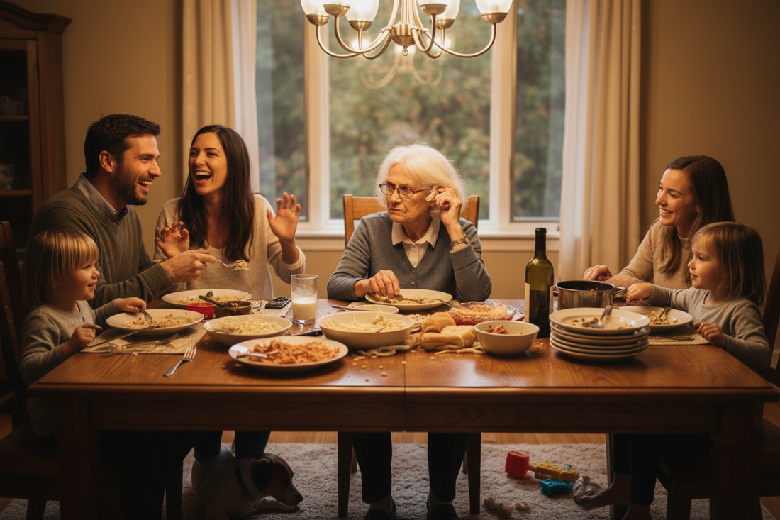An older woman is frustrated because she can't hear at a family dinner.