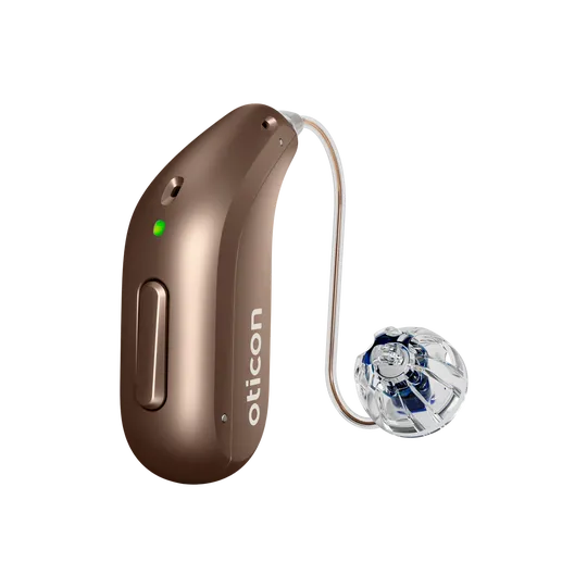 Chestnut Brown colored Hearing aid device with 'Oticon' branding 