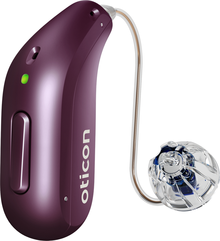 Oticon Reveal miniRITE R hearing aid in Deep Plum, new for 2026