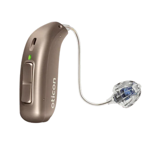 Hearing aid device with visible brand name on a white background