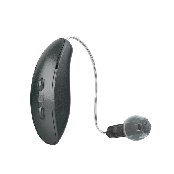 Starkey Omega RIC hearing aids in graphite grey