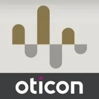 Oticon logo with a stylized ear and brand name on a gray background