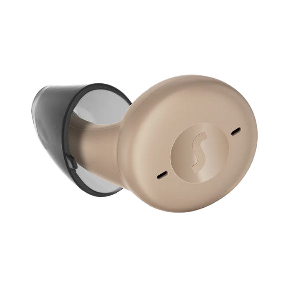 Beige wireless earbuds on a white background