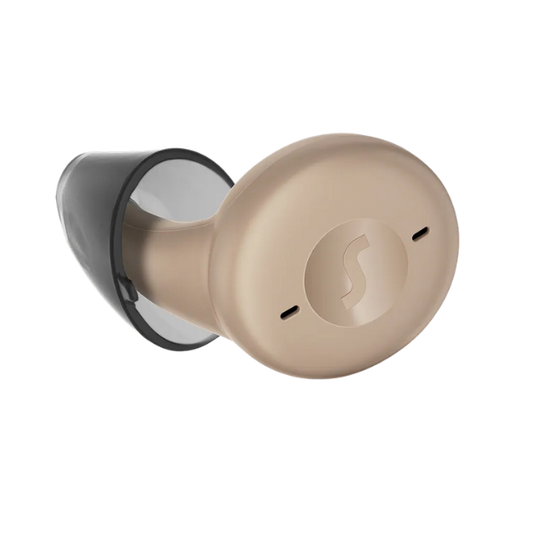 Beige wireless earbuds on a white background