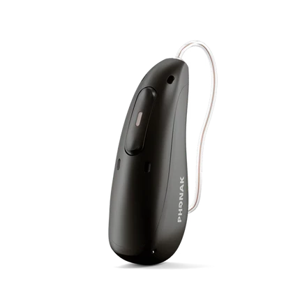 Black hearing aid with 'Phonak' branding 