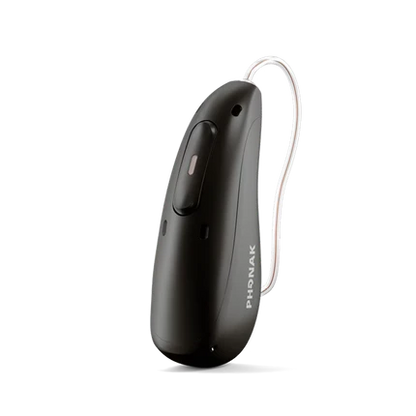 Black hearing aid with 'Phonak' branding 