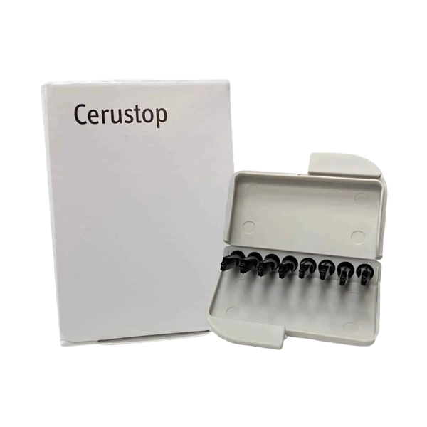Cerustop packaging with a clear container holding black needles on a white background