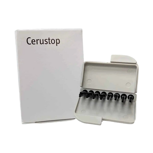 Cerustop packaging with a clear container holding black needles on a white background