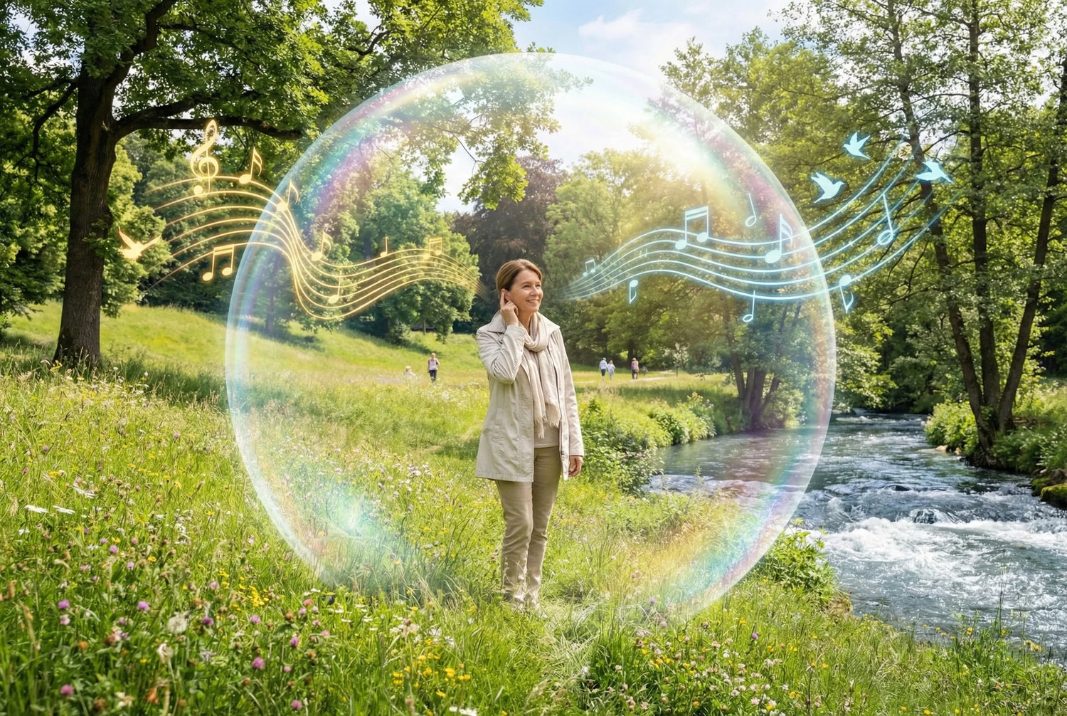 Woman standing in a park with a large bubble containing musical notes, surrounded by nature.