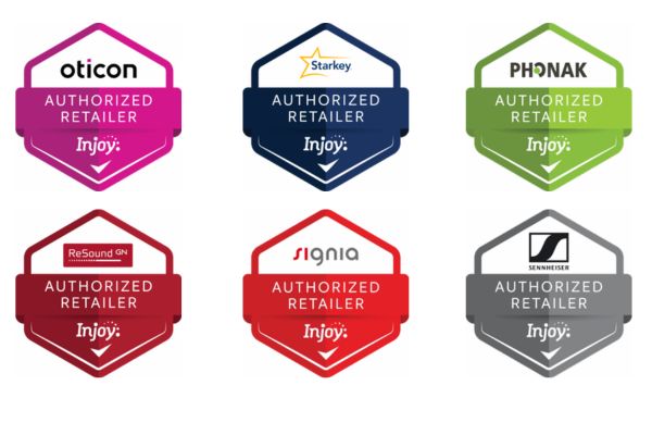 Set of authorized retailer badges for various hearing aid brands on a white background