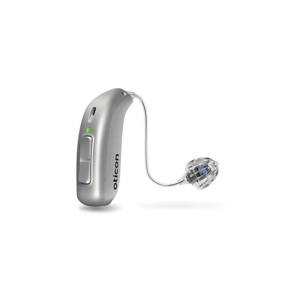 Oticon real hearing aid in silver grey