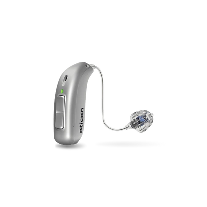 Oticon real hearing aid in silver grey