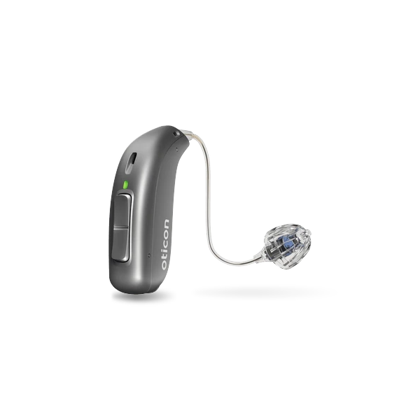 Oticon real hearing aid in steel grey