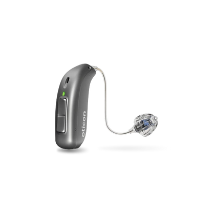 Oticon real hearing aid in steel grey