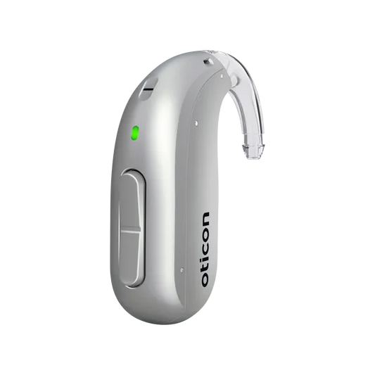 Oticon Intent miniBTE in Silver Grey