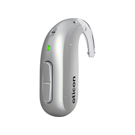Oticon Intent miniBTE in Silver Grey