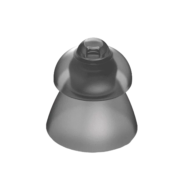 Gray silicone breast implant on a white background