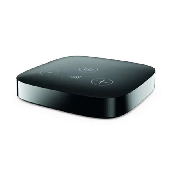 Black electronic device with control buttons on a white background