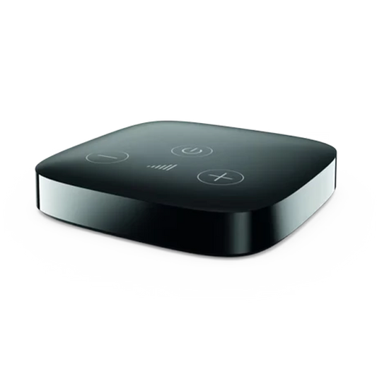 Black electronic device with control buttons on a white background