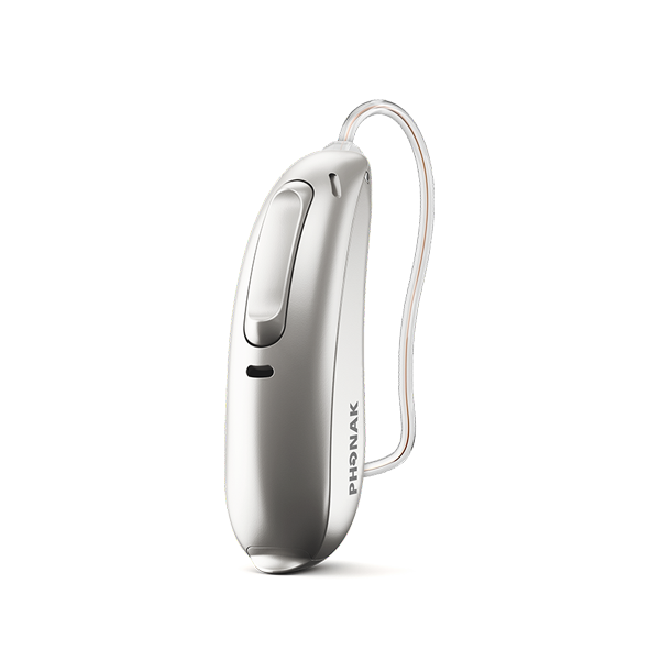 White hearing aid with 'Phonak' branding on a white background