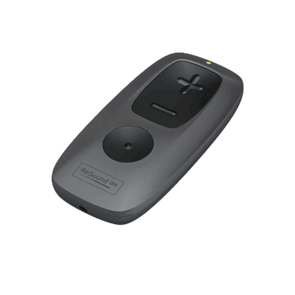 Black remote control with 'ReSound' branding on a white background