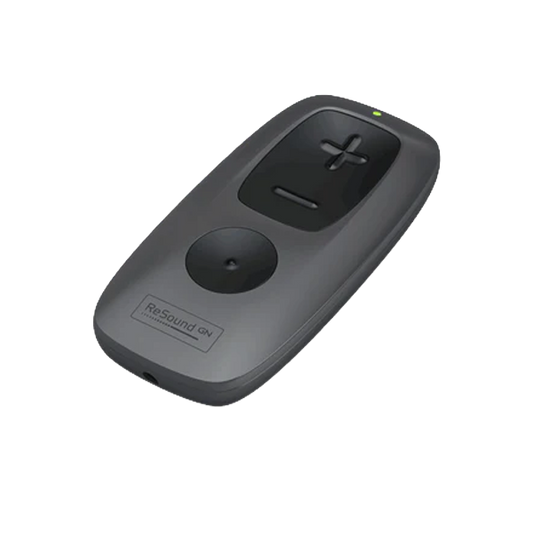 Black remote control with 'ReSound' branding on a white background