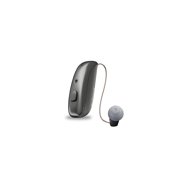 Sleek gray hearing aid device on a white background