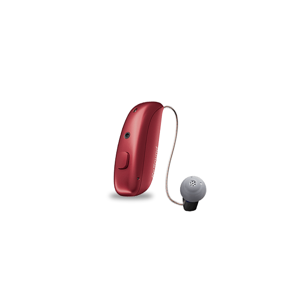 Red hearing aid device on a white background