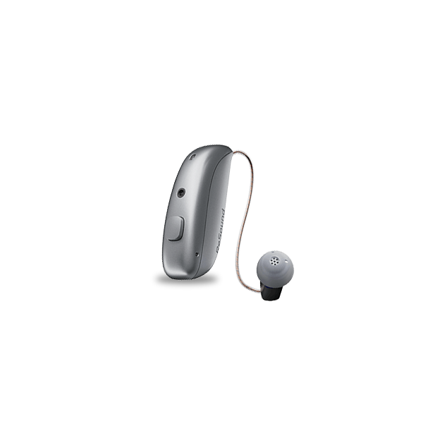 Silver hearing aid on a white background