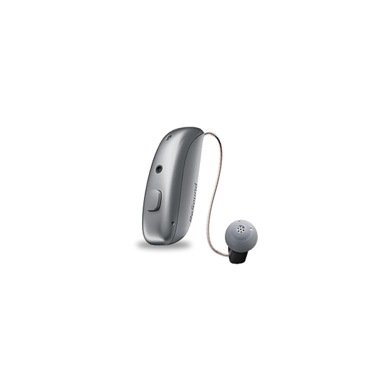 Silver hearing aid on a white background