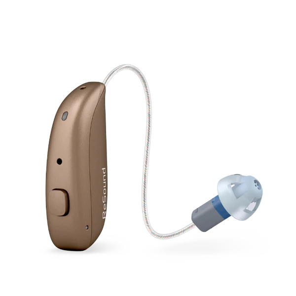 Hearing aid device with a cable on a white background