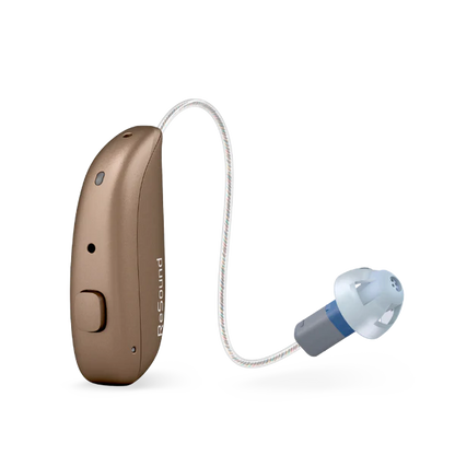 Hearing aid device with a cable on a white background