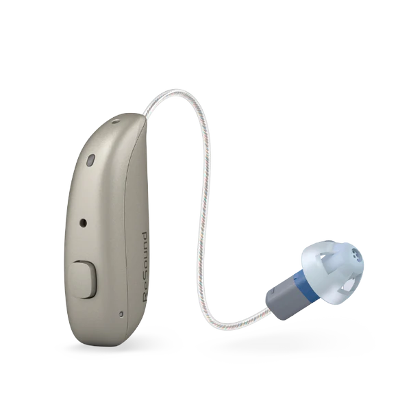 Hearing aid device with cable on a white background
