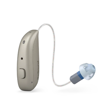 Hearing aid device with cable on a white background